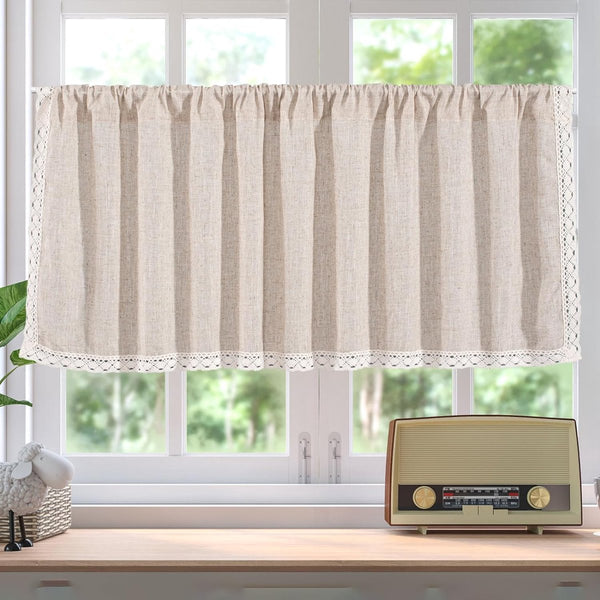 Korte gordijnen voor ramen, linnen vitrage, bistrogordijn met kant, korte gordijnen, keukengordijnen voor café-keuken, woonkamer en decoratie, 150 x 45 cm
