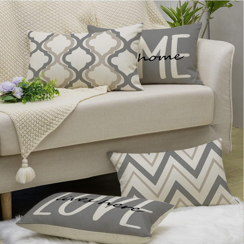 Kussensloop 30 x 50 cm, set van 4 decoratieve kussens, linnen kussenslopen, geometrisch patroon, kussenhoezen voor bank, slaapkamer, bank, grijs