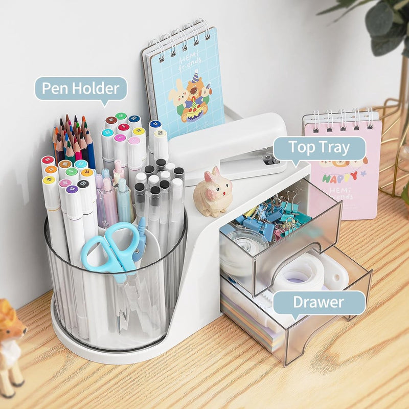 2 Lade Roterende Bureau-organizer Penhouder Bureau-organizer en opslag met 4 compartimenten + Lade voor kantoor, thuis en kunstbenodigdheden