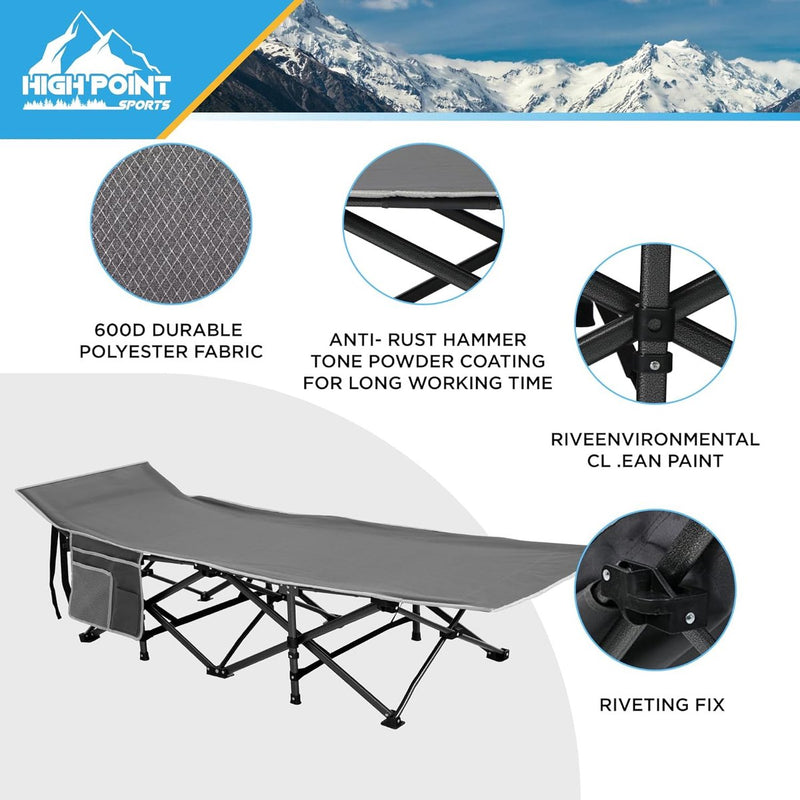 Veldbed, inklapbaar, 190 x 67 x 35 cm, campingbed XXL tot 270 kg, stabiele campingstoel, opvouwbaar, licht, voor volwassenen, campingbed met draagtas en zijvak
