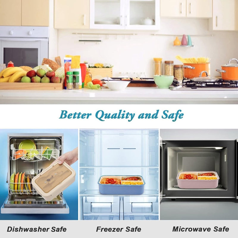 Lunchtrommel, bento box, broodtrommel met 3 vakken en bestek, lekvrij, broodtrommel, koelkast, vaatwasmachinebestendig, magnetronbestendig, broodtrommels voor school, werk, picknick, reizen (blauw)