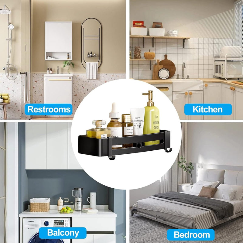 Shower Caddy No Drilling 2 Pack Shower Shelf with 2 Hooks for Bathroom Kitchen Toilet Aluminium Matt Black