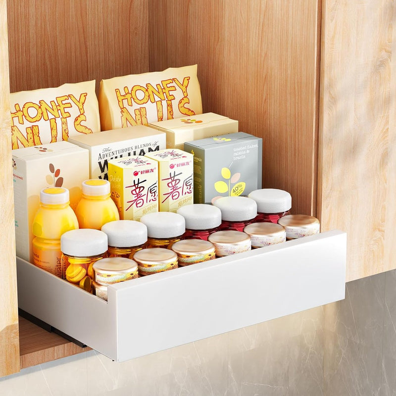 Uittrekbare kastorganizer, uittrekbare ladeplanken voor keukenkast, uitrolbare uittrekbare lade (30 cm B x 43 cm D x 9 cm H), boren en spijkeren niet nodig (wit)