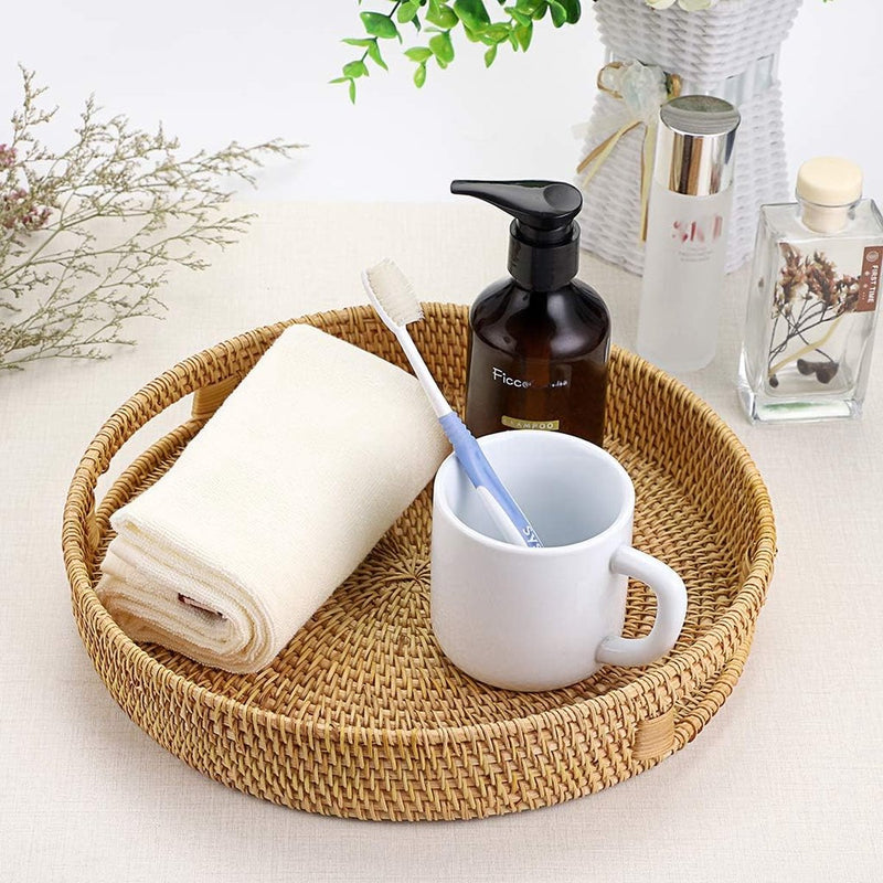 Rotan dienblad met handgrepen Rond geweven rieten dienblad Rieten dienblad Rotan dienblad Decoratieve serveermand Opbergmand voor fruitbrood Koekjes Snoepspeelgoed 30CM