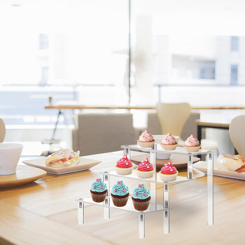 Acryl displaystandaard, 3 niveaus, transparant acryl riser display, rek, standaard, acryl organizer, standaard voor poppen, cosmetica, dessertdisplay, 30 x 20 x 15 cm (3-traps transparant