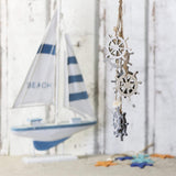3 x hangdecoratie, maritiem, decoratie om op te hangen, stuurwiel, anker en vuurtoren met schelpen, hangdecoratie van hout (3 stuks, grijs/wit/blauw)