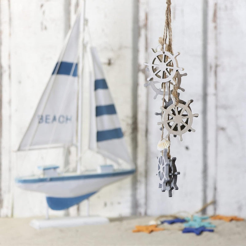 3 x hangdecoratie, maritiem, decoratie om op te hangen, stuurwiel, anker en vuurtoren met schelpen, hangdecoratie van hout (3 stuks, grijs/wit/blauw)