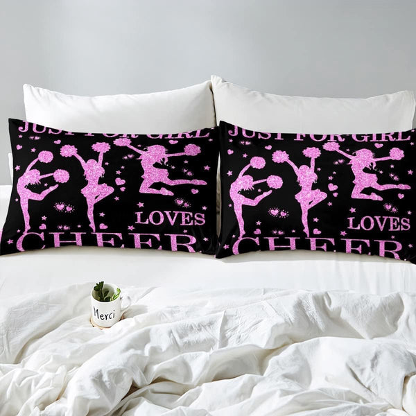 meisjes-beddengoed, 135 x 200 cm, jubelsport, dekbedovertrek voor cheerleaders, geschenken, tieners, meisjes, gymnastiek, trainer, roze, paars, glitter, pailletten, bedset met hart en