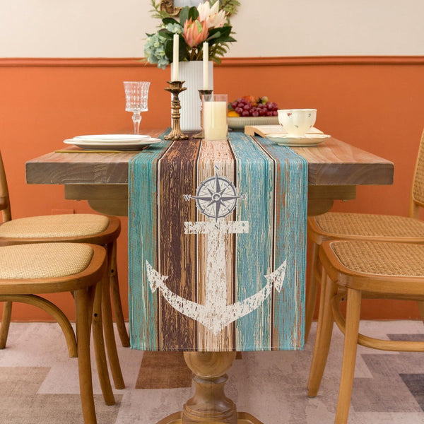 Tafelloper groen tafelloper lente zomer nautisch anker linnen tafelmatten retro rustieke schuur houtstructuur keuken eettafel decoratie tafelloper modern voor feest 40 x 140 cm