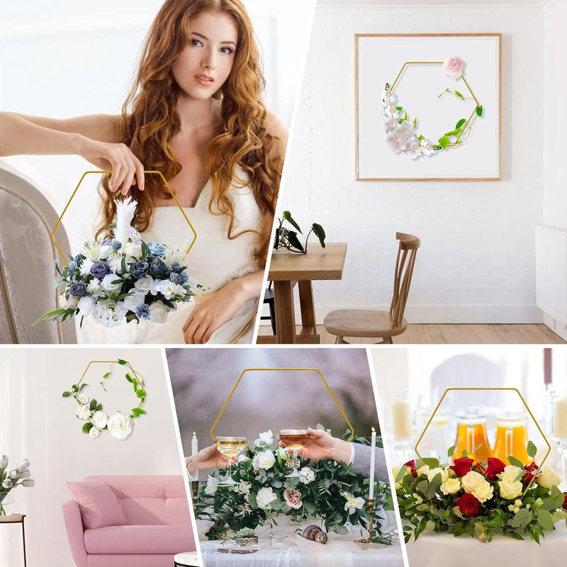 6 stuks metalen ringen om te knutselen, 20 cm zeshoekige decoratieve metalen ring met 6 houten standaarden, gouden draadringen om te knutselen, metalen decoratieve ringen voor doe-het-zelf handwerk, bruiloft, feest, tafelversiering