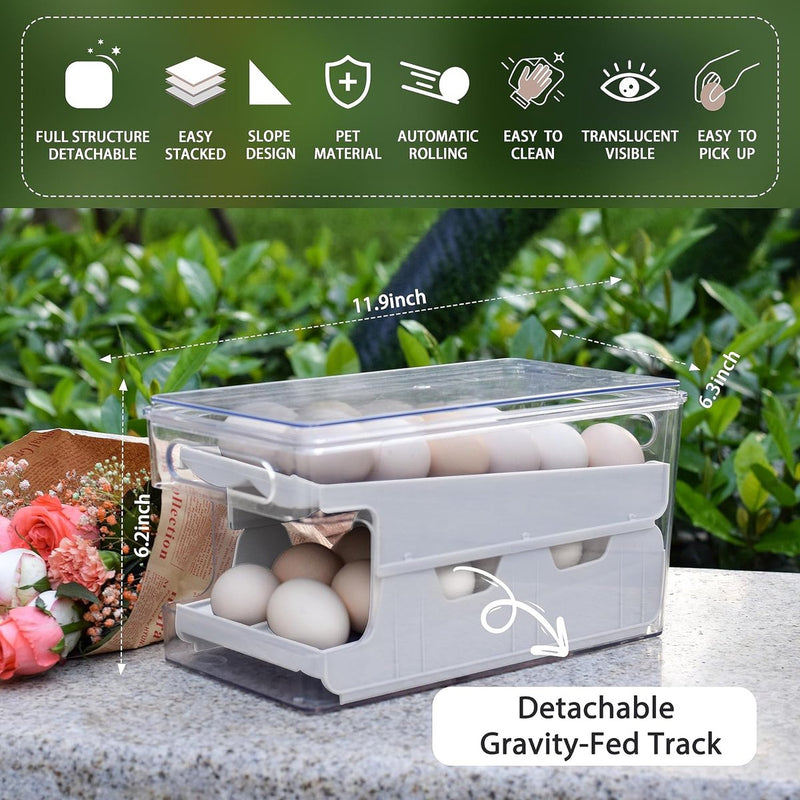 Eiercontainer voor koelkast, dubbelsporige automatische rollende eierhouder voor koelkast, opbergdoos met deksel voor eten, drinken enz. (Parelwit)