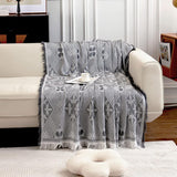 Grote banksprei voor 3-zitsbank met decoratieve kwastjes, dubbelzijdige bankhoes banksprei voor bank en bed, ruitpatroon met bladeren en bloemen - lichtgrijs, 180 x 300 cm