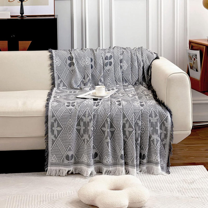 Grote banksprei voor 3-zitsbank met decoratieve kwastjes, dubbelzijdige bankhoes banksprei voor bank en bed, ruitpatroon met bladeren en bloemen - lichtgrijs, 180 x 300 cm