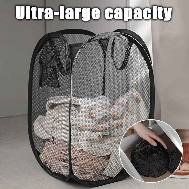2 stuks opvouwbare wasmandset, pop-up 75 liter, wasmand, opvouwbaar, met zijzak, wasverzamelaar met handgrepen, wasmand voor bijkeuken, netjes opbergen van kleding (zwart)