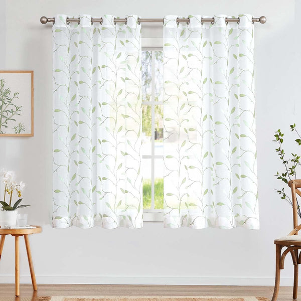 Sheer Gordijnen, voile, gordijnen met oogjes, borduurwerk, transparant, gordijn met ogen, gaas, voor woonkamer, slaapkamer, set van 2, groen op wit, 140 x 145 cm