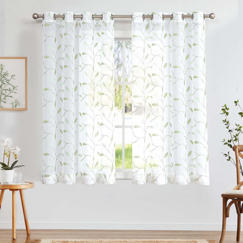 Sheer Gordijnen, voile, gordijnen met oogjes, borduurwerk, transparant, gordijn met ogen, gaas, voor woonkamer, slaapkamer, set van 2, groen op wit, 140 x 145 cm