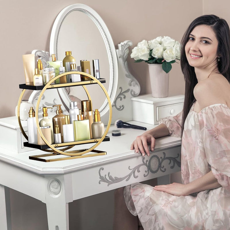 Organizer voor parfum, huidverzorging-organizer, grote inhoud, make-up vanity caddy, 2 niveaus cosmetica-display voor badkamer, organizer op het werkblad, goud