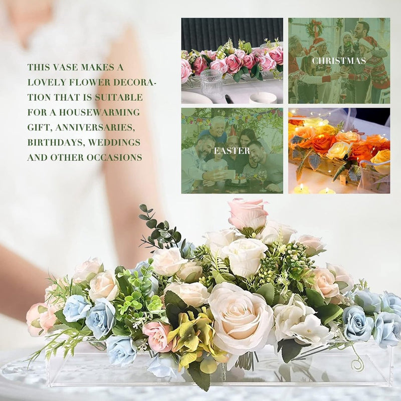 Transparante bloemenvaas, acryl, rechthoekig, met 18 gaten, modern, lange bloemenvaas, bloemstuk, decoratieve vaas, transparante kunstvaas, woondecoratie, tafeldecoratie, 45 x 10 x 6,5 cm