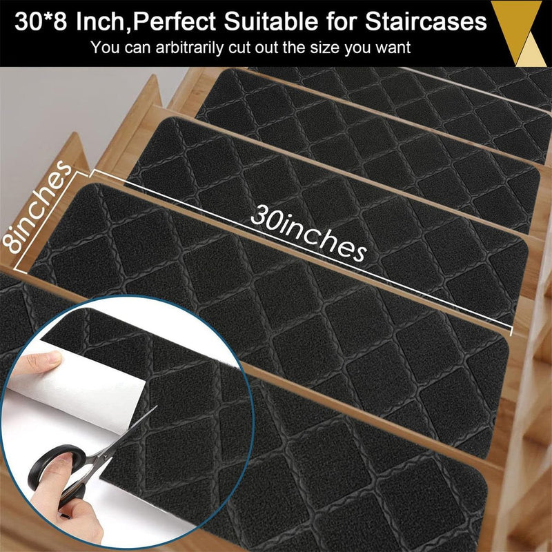 Set van 15 trapmatten, voor binnen, 76 x 20 cm, zwart, rechthoekig, trapmatten, zelfklevend, grijs, traptapijt, antislip, traptapijt voor kinderen, ouderen en honden