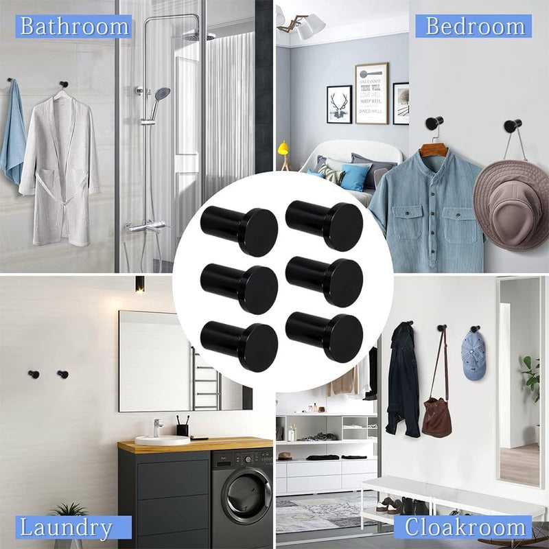Kapstokken, zwart, 6 stuks enkele kapstokken, handdoekhaken, wandkapstokken, wandhaken, robuust voor het vastschroeven aan kledingkast, keuken, badkamer, kinderkamer (zwart)