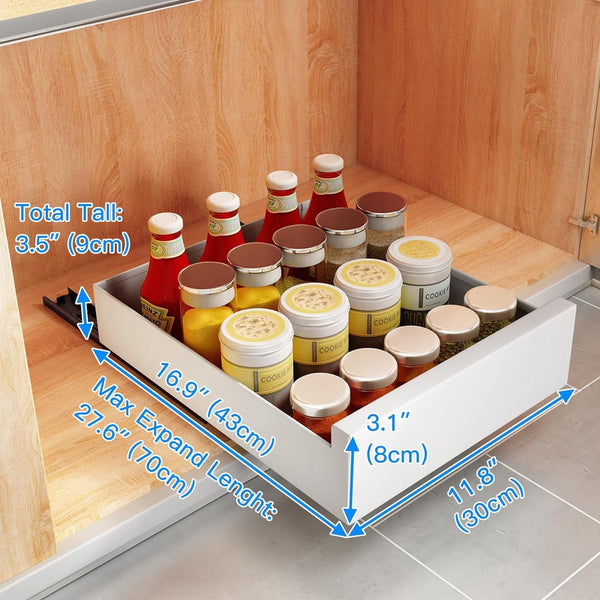Uittrekbare kastorganizer, uittrekbare ladeplanken voor keukenkast, uitrolbare uittrekbare lade (30 cm B x 43 cm D x 9 cm H), boren en spijkeren niet nodig (wit)