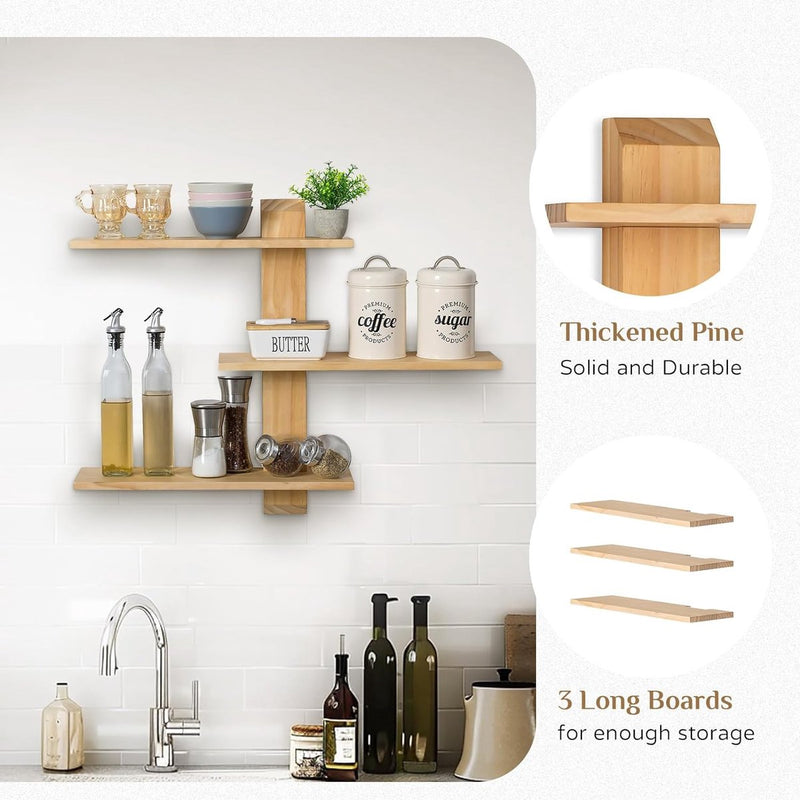 Wandrek, hout, 3-traps rustiek, zwevend rek, houten rek voor keuken, kinderkamer, badkamer, woonkamer, slaapkamer