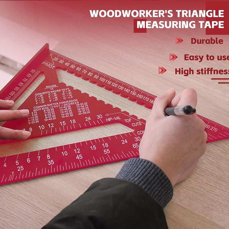 Timmermanshoek, aanslaghoek, metaal, 30 mm, timmerhoek, 90° kamerhoek, timmerhoek, metrische driehoekige liniaal voor timmerman, dakdekker, ingenieur (rood)