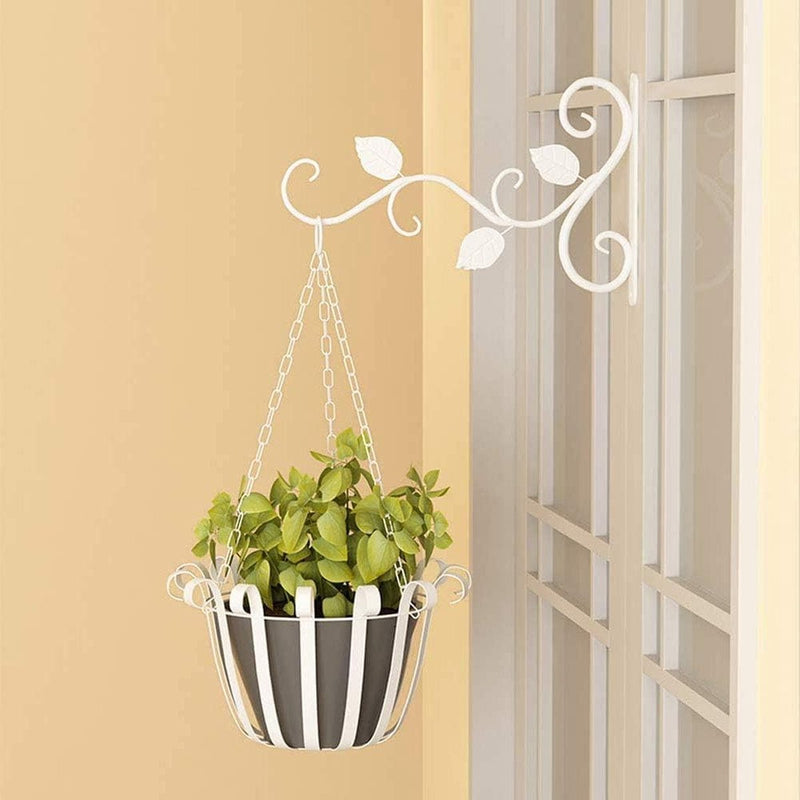 2 stuks houder voor bloemhouders, wandhouders hangmanden, lantaarn wandhouder uit, hangende ijzeren kunst buiten met bladpatroon hangende mand voor tuinvogelhuisjes, windspel (wit)