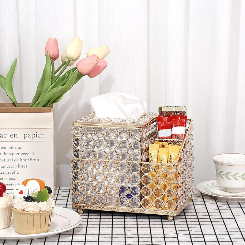 Household Cube Vierkante Tissuehouder Box met Multifunctionele Organizer Zijvak voor Afstandsbediening Vanity Make-up Cosmetics Pen Pencil (Goud)