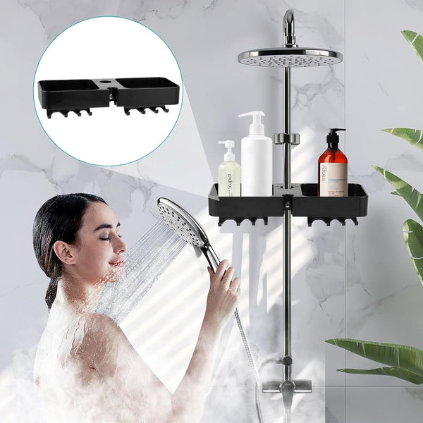 Doucheplank om op te hangen, zwart, doucheplank zonder boren, telescopisch, doucherek met 2 douchemandjes om op te hangen, ruimtebesparende doucheplank, roestvrij staal, douchestang-opbergrek voor 18