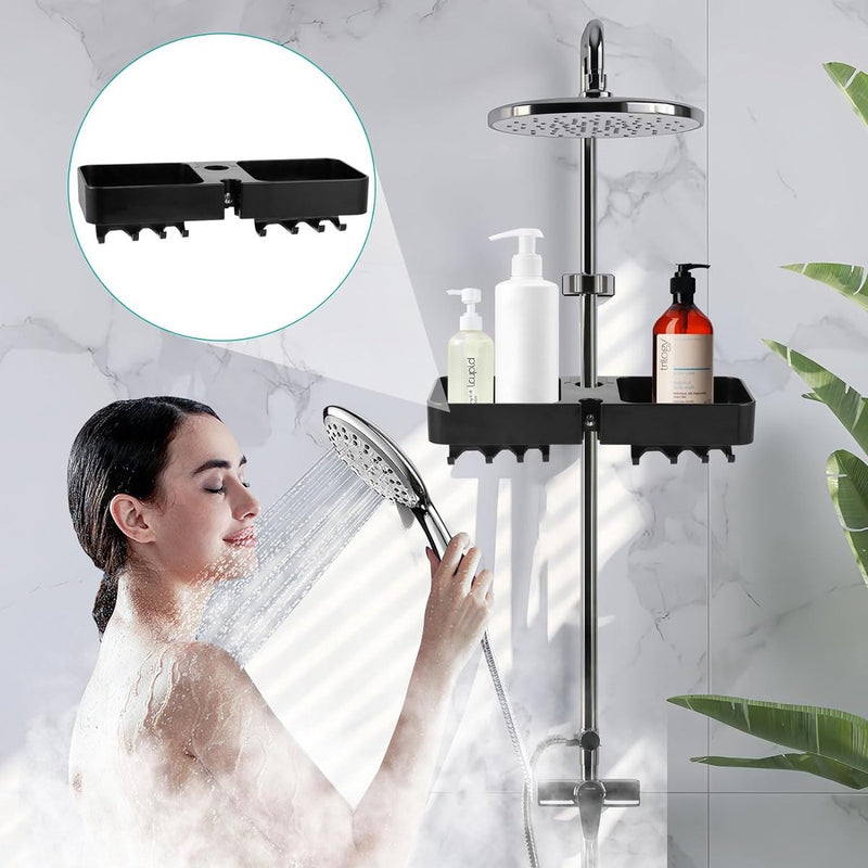 Doucheplank om op te hangen, zwart, doucheplank zonder boren, telescopisch, doucherek met 2 douchemandjes om op te hangen, ruimtebesparende doucheplank, roestvrij staal, douchestang-opbergrek voor 18