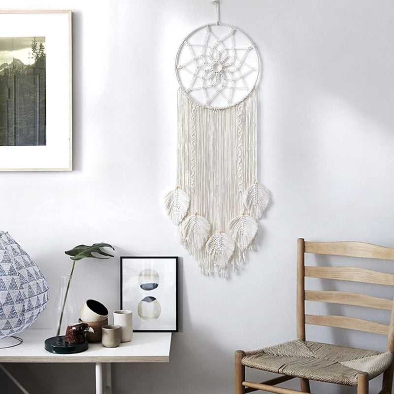 Macrame Dromenvanger Muurbehang Geweven Veren Muurbehang Handgemaakte Dromenvanger Boho Kwasten Decoratie Home Decor Ornament Ambachtelijk Cadeau voor Slaapkamer Woonkamer