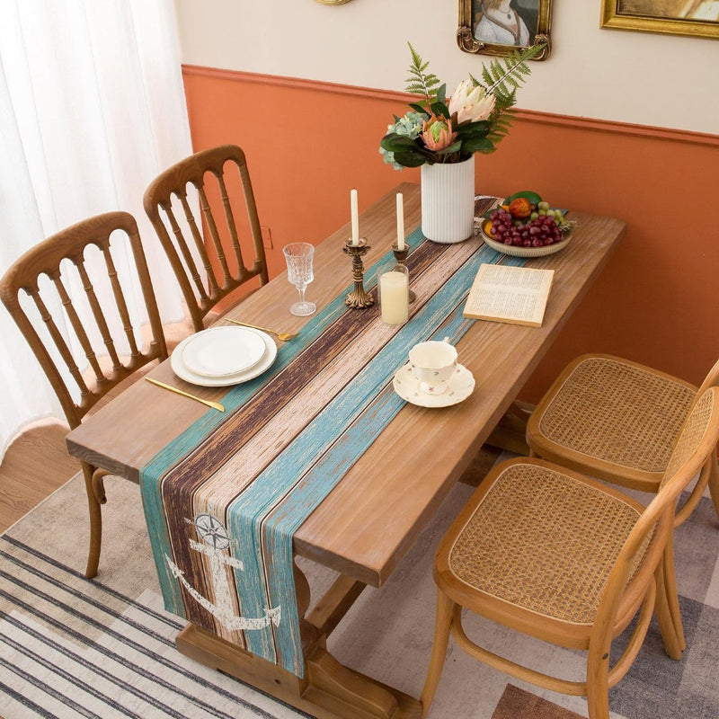 Tafelloper groen tafelloper lente zomer nautisch anker linnen tafelmatten retro rustieke schuur houtstructuur keuken eettafel decoratie tafelloper modern voor feest 40 x 140 cm