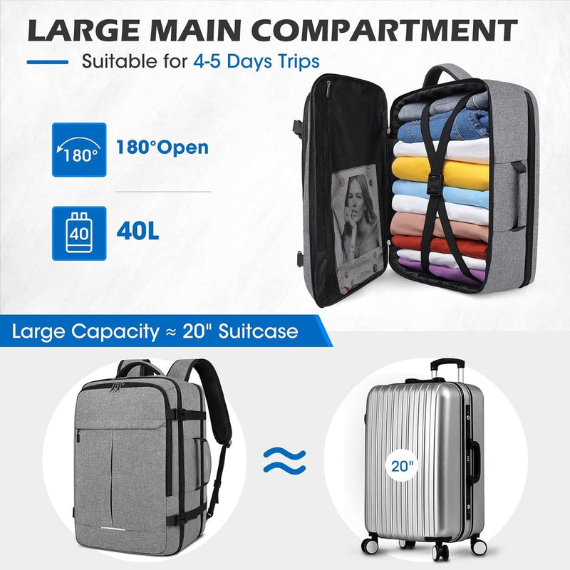 Reisrugzak voor heren en dames, handbagage, rugzak, vliegtuig, grote laptoprugzak, 17 inch, waterdichte dagrugzak, weekendrugzak, zakelijke rugzak