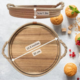 Houten dienblad, rond, met uitneembare acaciaplanken, gevlochten gevlochten rotan dienblad met handgrepen, voor couverts, tafelopzetstukken, kaarsen, enz., 100% katoen/jute, 30 cm (bruin)