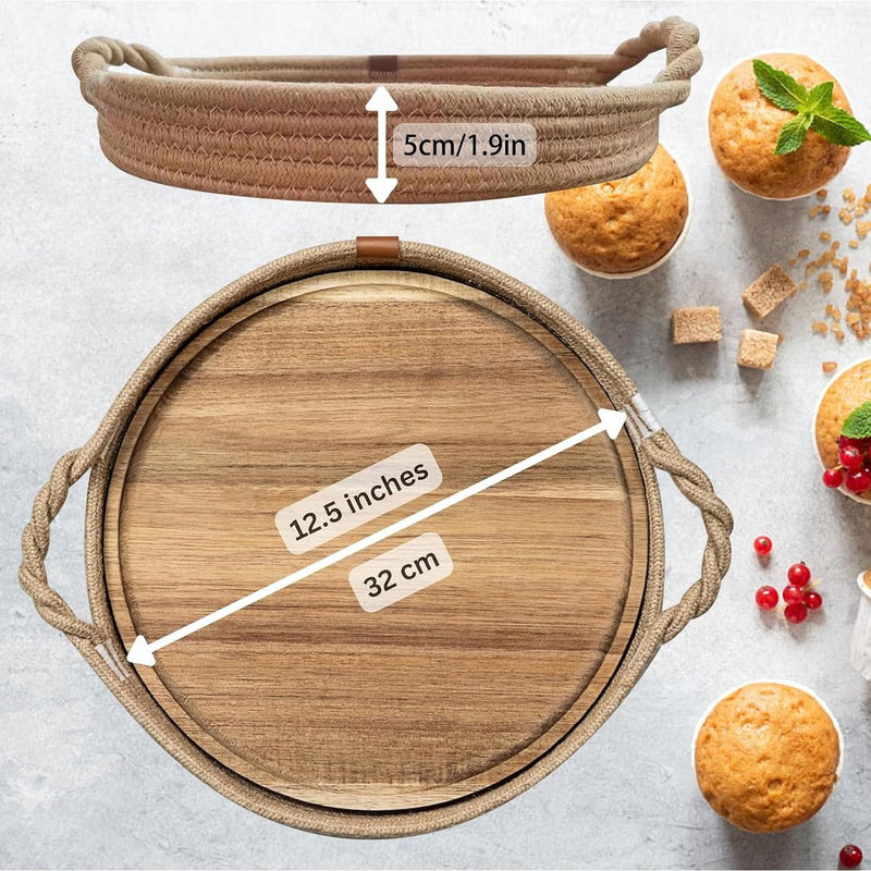 Houten dienblad, rond, met uitneembare acaciaplanken, gevlochten gevlochten rotan dienblad met handgrepen, voor couverts, tafelopzetstukken, kaarsen, enz., 100% katoen/jute, 30 cm (bruin)