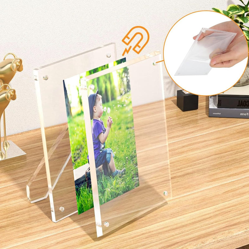 Acryl magnetische fotolijst om neer te zetten, 13 x 18 cm, fotolijst voor verticaal of horizontaal neerzetten voor desktop, 2 stuks