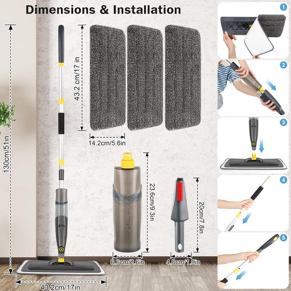 Vloerwisser met sproeifunctie, 500 ml navulbare watertank, sproeiwisser voor snelle reiniging met 3 wasbare microvezelhoezen, grijs sproeimop