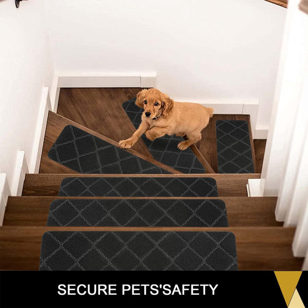 Set van 15 trapmatten, voor binnen, 76 x 20 cm, zwart, rechthoekig, trapmatten, zelfklevend, grijs, traptapijt, antislip, traptapijt voor kinderen, ouderen en honden