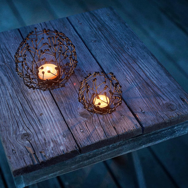 Theelichthouder zwart metaal set van 2 - 9,5 en 14 cm hoog - ideale tafeldecoratie woonkamer - vensterbank - decoratie woning modern - kaarsen decoratieset