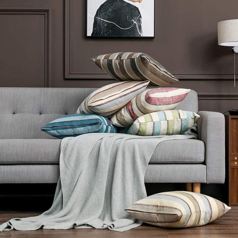 Set van 2 gestreepte kussenhoezen, kussenhoes, linnenlook, bankkussen, decoratieve kussenhoes, sierkussen, decoratieve bankkussenhoes voor bank, kantoor, bank, slaapkamer, woonkamer, 40 x 40 cm, koffie
