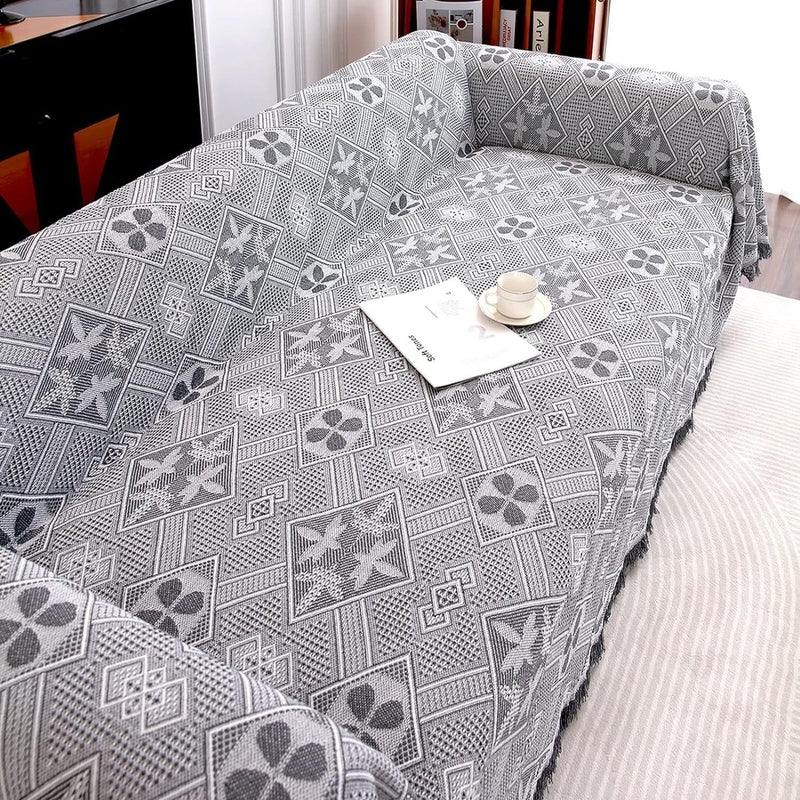 Grote banksprei voor 3-zitsbank met decoratieve kwastjes, dubbelzijdige bankhoes banksprei voor bank en bed, ruitpatroon met bladeren en bloemen - lichtgrijs, 180 x 300 cm