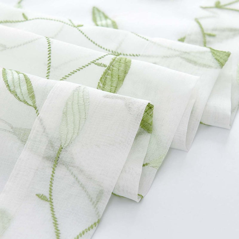 Sheer Gordijnen, voile, gordijnen met oogjes, borduurwerk, transparant, gordijn met ogen, gaas, voor woonkamer, slaapkamer, set van 2, groen op wit, 140 x 145 cm
