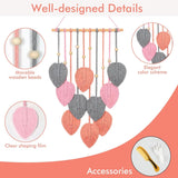 Macramé wandtapijt, boho-decoratie, macramé, wandtapijt met houten kralen en roze bladeren, wandtapijt voor slaapkamer, kinderkamer, wanddecoratie (roze)