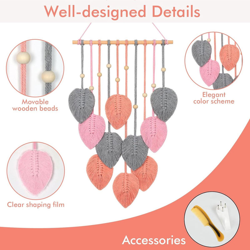 Macramé wandtapijt, boho-decoratie, macramé, wandtapijt met houten kralen en roze bladeren, wandtapijt voor slaapkamer, kinderkamer, wanddecoratie (roze)