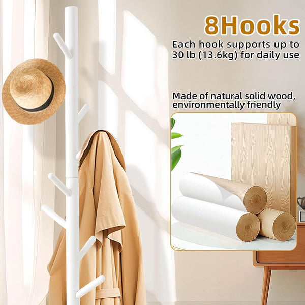 Kapstok massief hout van rubberhout, kapstok voor kleding, hoeden, tassen, ingang, woonkamer, slaapkamer, 8 haken, 3 verstelbare hoogtes, wit, 42 x 180 cm
