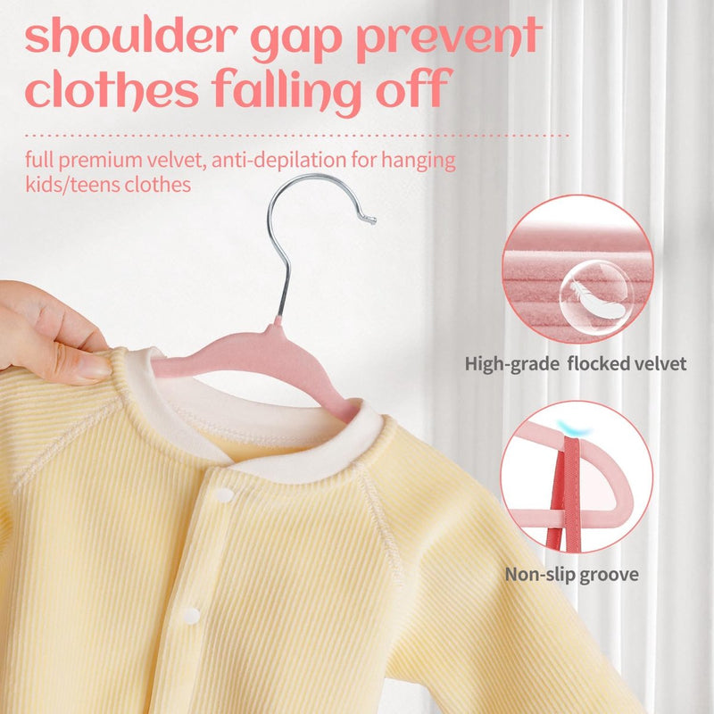 Kinderkleerhangers van fluweel, 35 cm, 32 stuks, kleerhangers met gekerfd design, ultradun, ruimtebesparend, 360 graden draaibare haken, antislip en duurzame kinderhangers voor peuters, roze