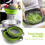 Opvouwbare zeef, keukenzeef, siliconen, inklapbare vergiet noedelzeef, keukenzeef, afwasbak van pasta, fruit, groenten, 2 maten (24,5 + 29,2 cm) (groen)