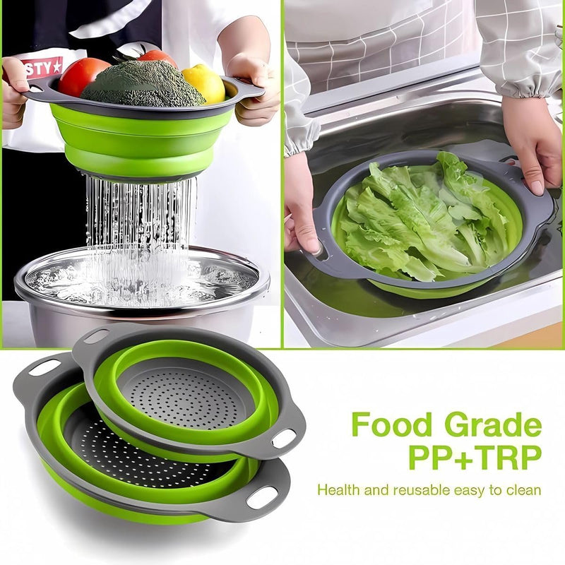 Opvouwbare zeef, keukenzeef, siliconen, inklapbare vergiet noedelzeef, keukenzeef, afwasbak van pasta, fruit, groenten, 2 maten (24,5 + 29,2 cm) (groen)