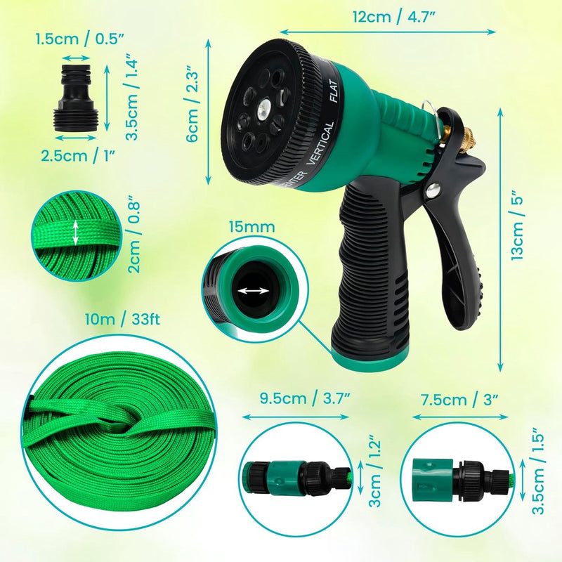 8 sproeikoppen, flexibel, licht, robuust en 10 m lang, knikvrij, lekvrije waterslang, tuinslang met 15 mm aansluiting, groen